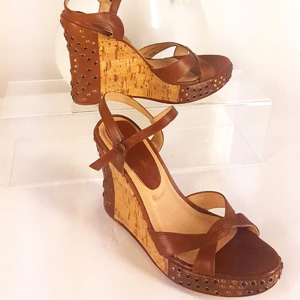 🔻Y2K Paolo Corelli🔥🍂Brown Platform Studded Pierced Leather-Cork Wedge Sandals